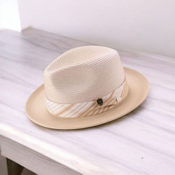 MONTIQUE MEN'S BEIGE FEDORA HAT W/CHECKERED RIBBON BAND. H2512 - Picture 1 of 2